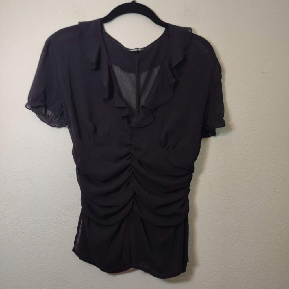 Kaity Black Sheer Ruffle Blouse Medium